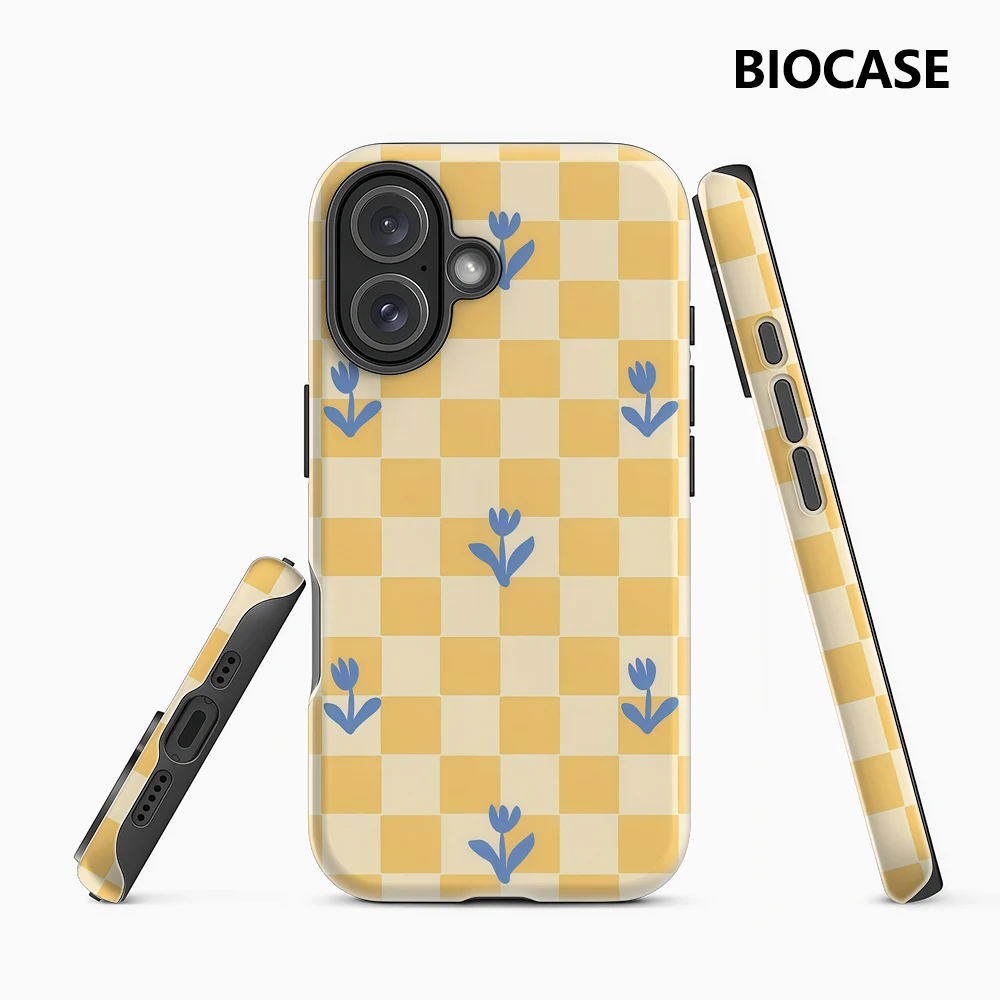 Blaue Blume, gelbes Schachbrett, iPhone 17 Must-Haves-Handyhülle für iPhone 17 16 15 14 13 12 Pro Max Plus, doppellagige Rückseite