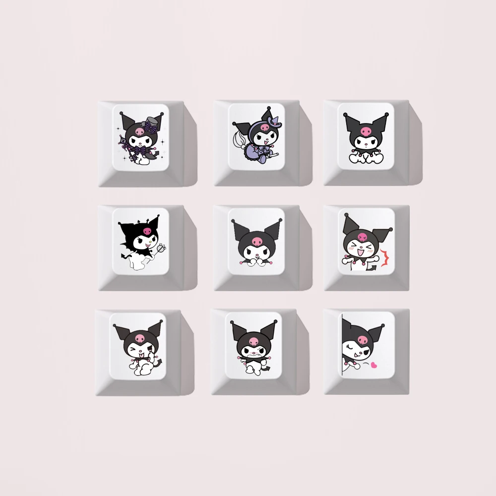 

9pcs/set Sanrio Cartoon Kuromi Keycaps Diy Cross Axis Mechanical Keyboard Cap Cherry Height Pbt White Digital Area R1-R3 Keycap