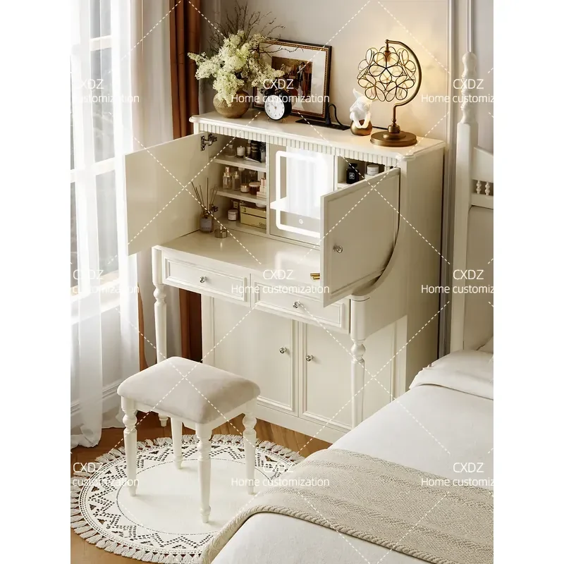 Modern Simple Solid Wood Piano Dresser Cream Style Makeup Table Desk Two in One for Bedroom