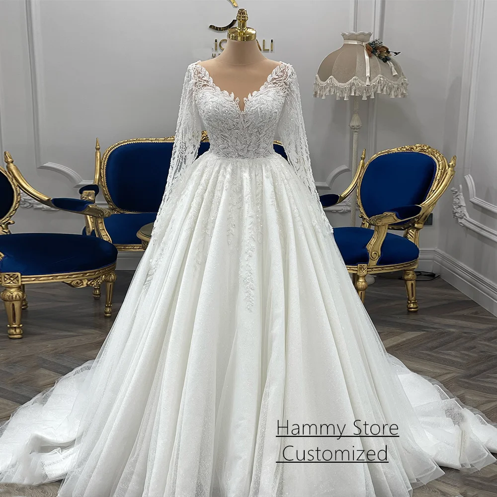 

Luxury Ball Gown Wedding Dress Customized Long Sleeves V Neck Beading Sequined Glitter Tulle Arabian Bridal Dresses