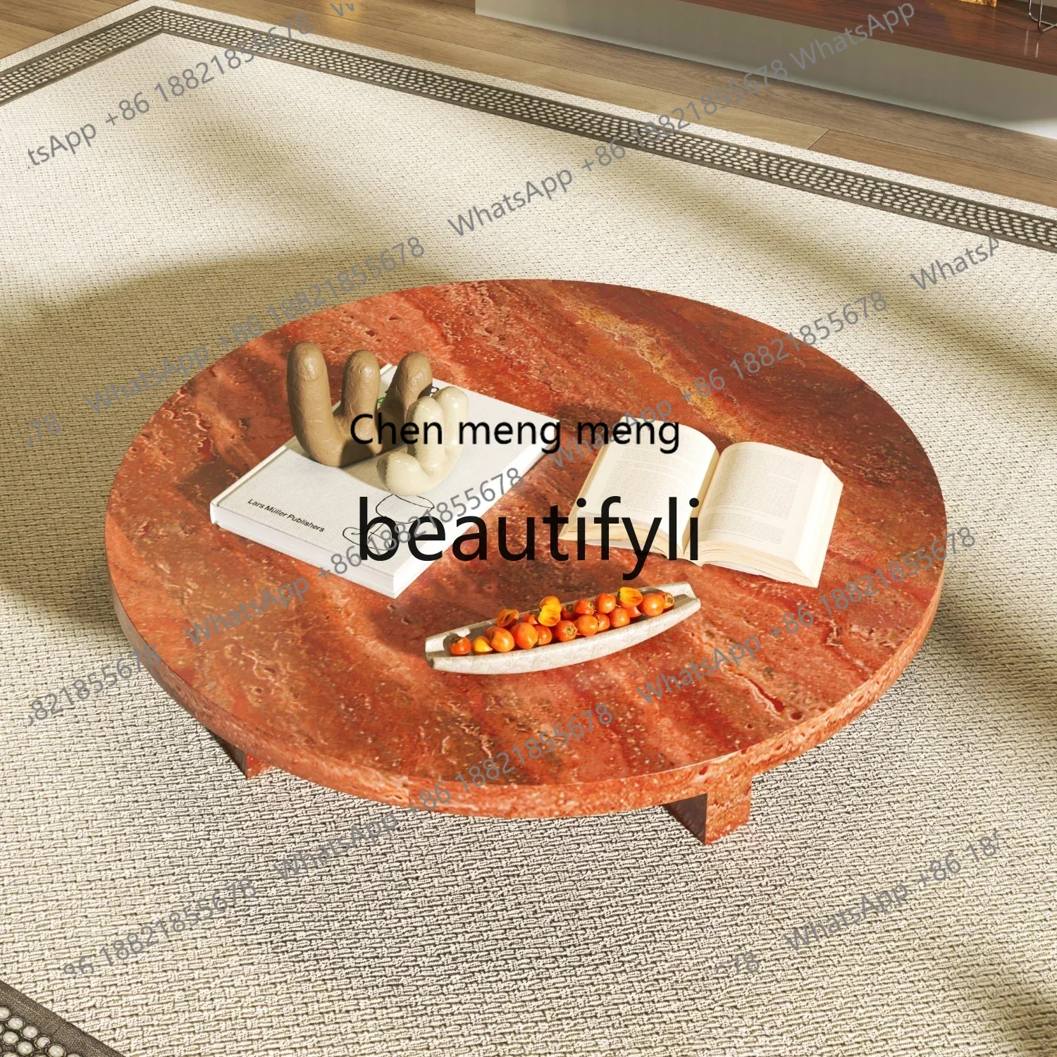 SS S7486 Red travertine round coffee table retro style home living room apartment high-end luxury stone light luxury tea table e