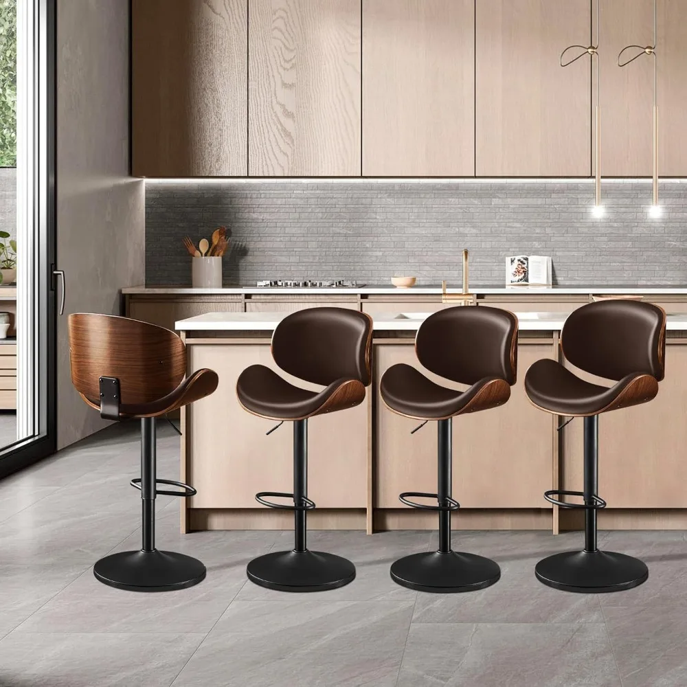 Swivel Bar Stools Set of 4, Adjustable Kitchen Counter Height BarStools, PU Leather Bentwood Upholstered Bar Chair with Back