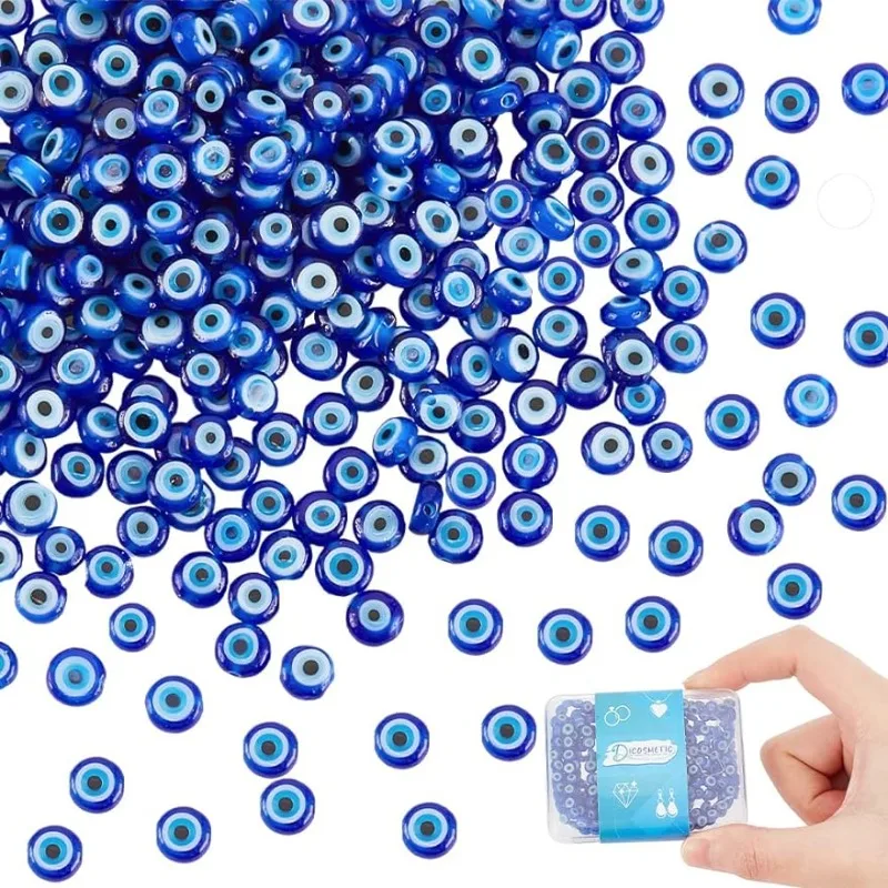 

400pcs 4 Strands Evil Eye Beads Handmade Lampwork Beads Dark Blue Flat Round Eye Beads Chain Glass Spacer Beads for Bracelet
