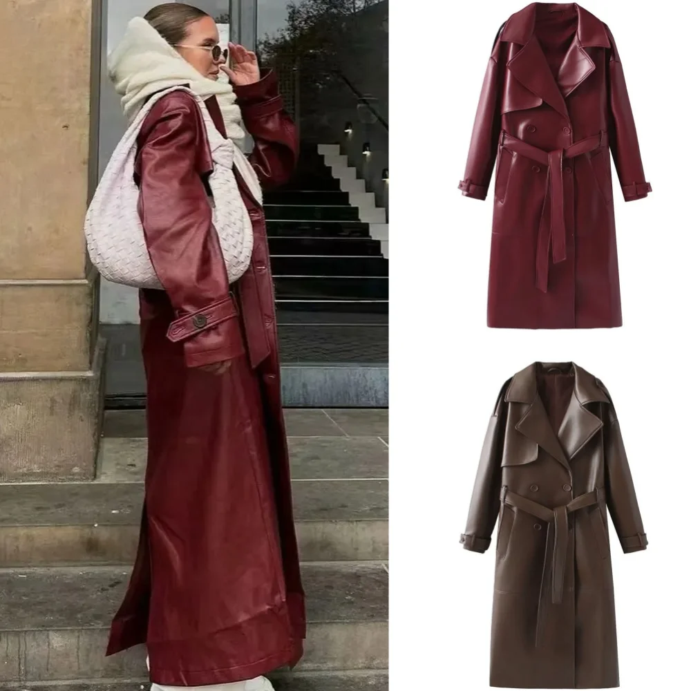 2024 Women New Fashion with Belt Long Style Single Breasted Faux Leather Coat Vintage Long Sleeve Pockets Female Outerwear