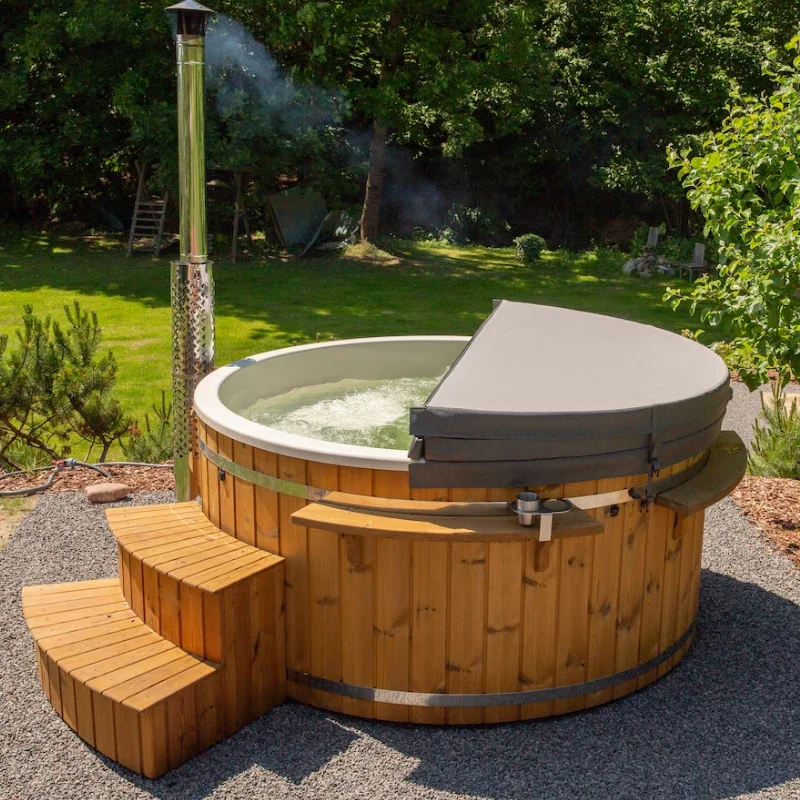 Outdoor Round Red Cedar 4 Man Wood Burning Hot Tub With Linna Wood Burning Stove