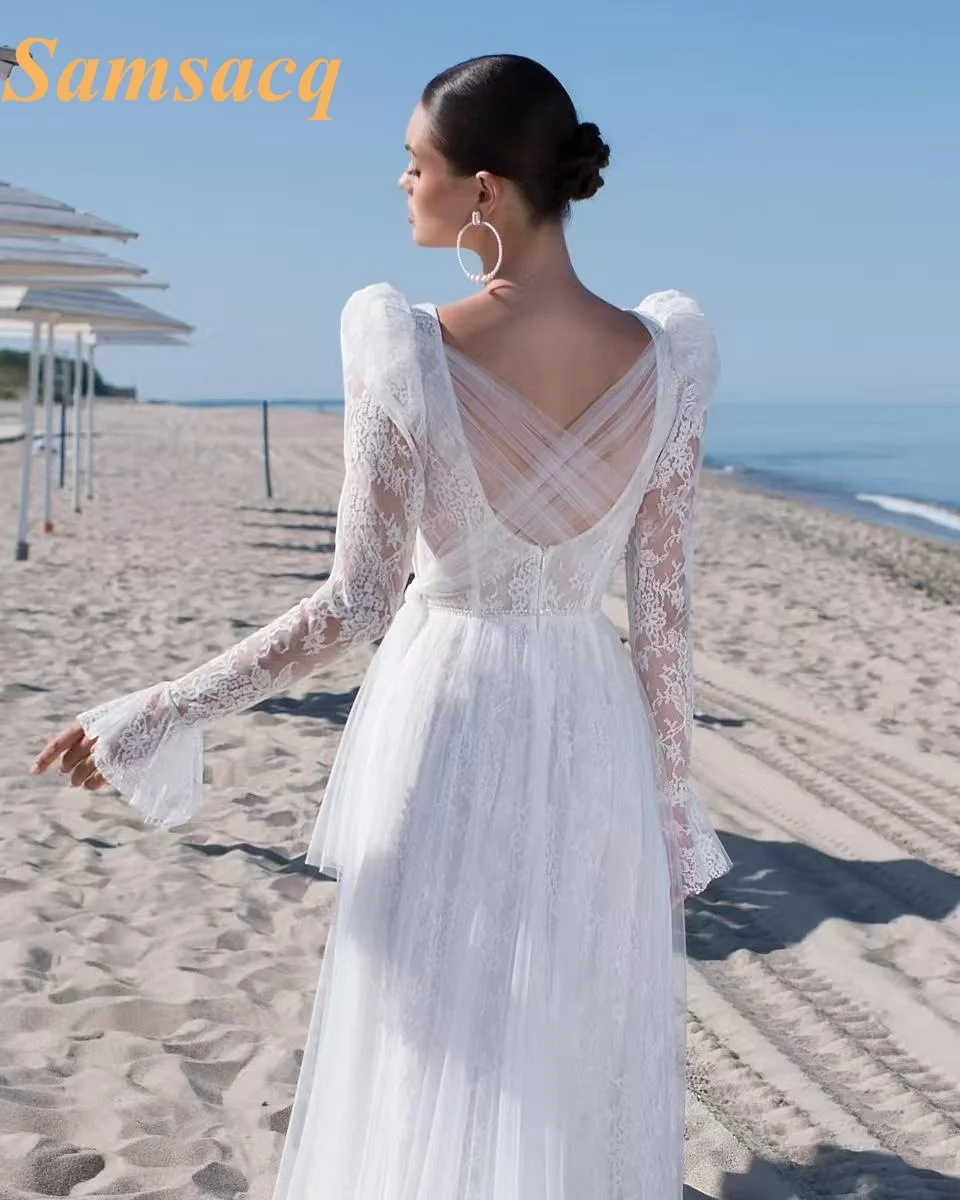 Chic Beach Wedding Dresses for Women A‑Line Deep V‑Neck Full Lace Bridal Gown Bell Long Sleeve Tulle For Elopement Wedding