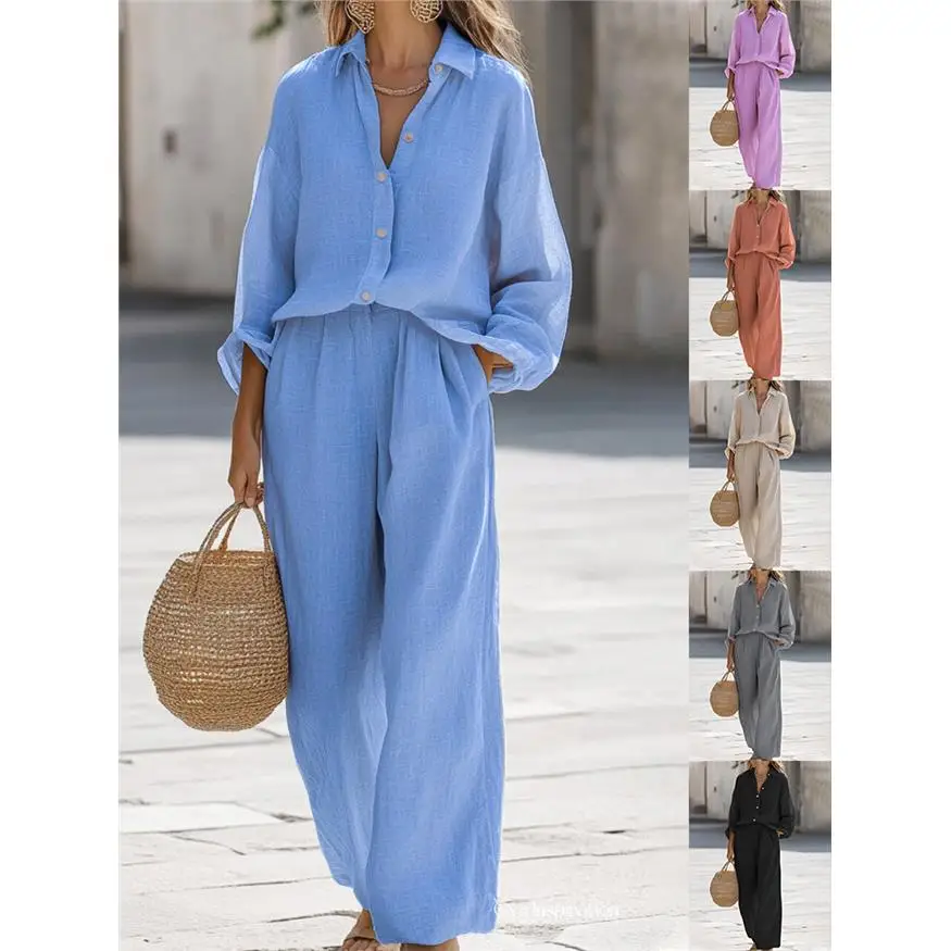 

New 2026 Women's Casual Collar Long Sweater Shirt And Long Pants Hanfu Set Autumn Fashion Ladies' Clothing without Brand