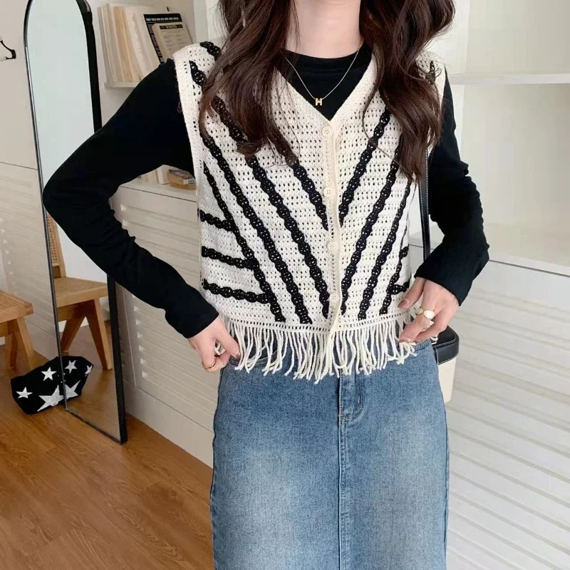 Striped Crochet Vest Openwork Fringed Hem Sleeveless Waistcoat Button Up Knit Top Summer Beach Cover Up Women Cottagecore Boho