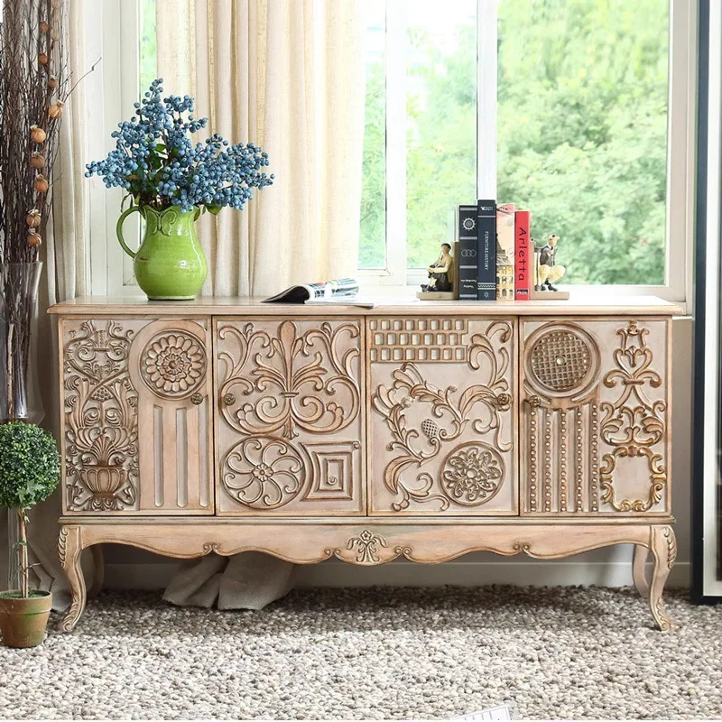American rural neoclassical solid wood dining side cabinet, living room engraved light luxury TV cabinet, retro and old entrance