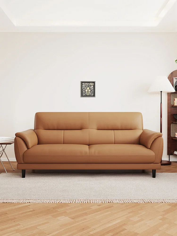 Double sofa small apartment leather sofa living room double small straight row simple three-person first-layer cowhide sofa