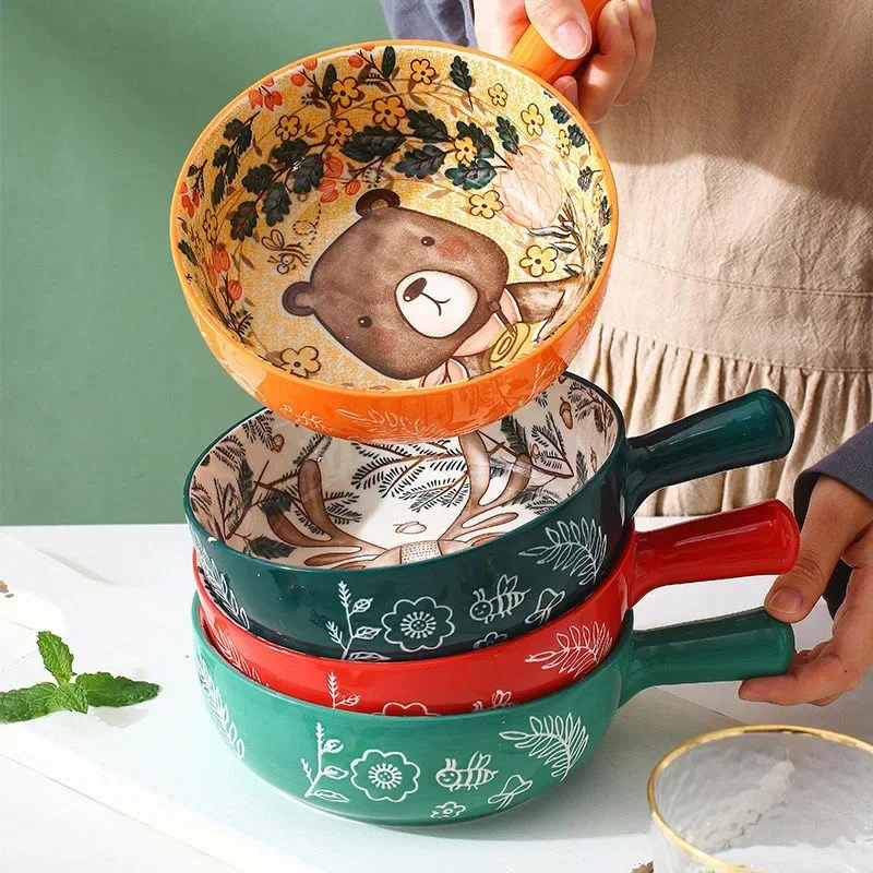 Single Handle Ceramic Bowl Noodle Forest Animal Design Large Creative Restaurant Household Flower Home Decoration