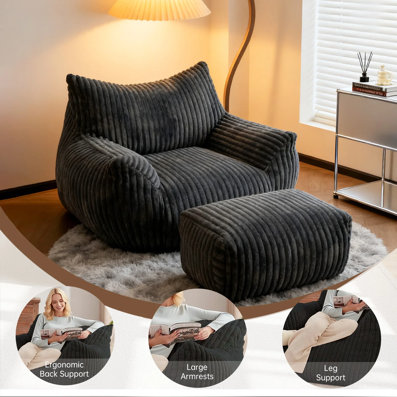 Reading Chair Bean Bag Chairs for Adults, Living Room Furniture, BeanBag Density Foam Couch, Floor Lazy Soft, Comfy Reading Nook image 5