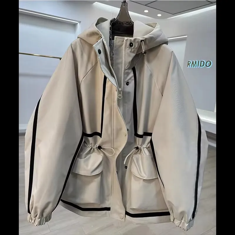

Fashion Hooded Stitching Contrast Jacket Women's 2025 New Spring Autumn Waistband Leisure Loose Short Trench Coat Female