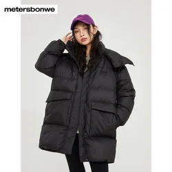 Metersbonwe-Chaqueta de plumón con cuello de bufanda para mujer de longitud media, color puro, ropa cálida gruesa suelta, Invierno