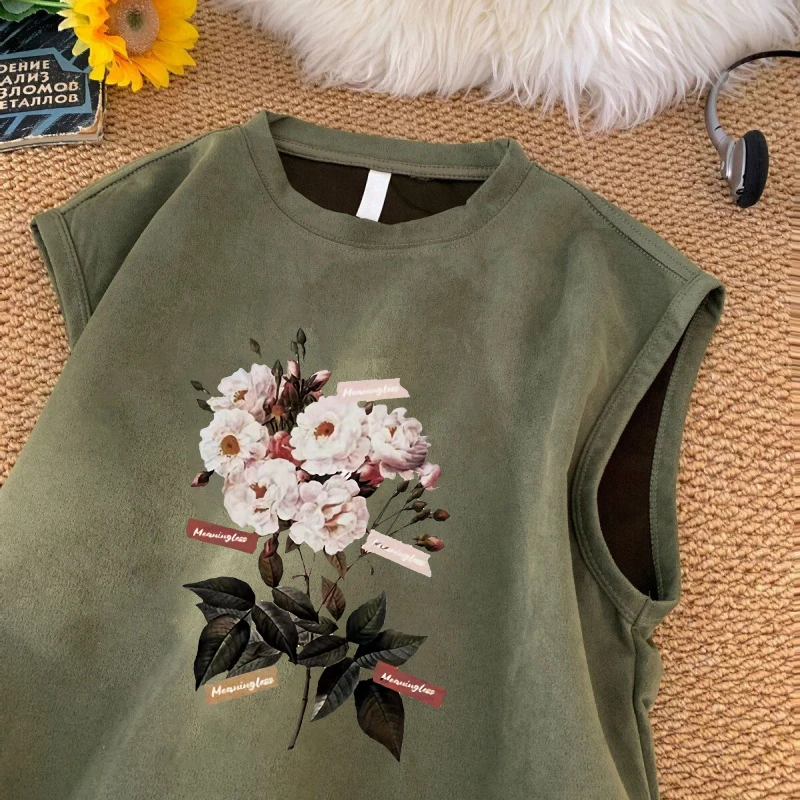 

Summer New Suede Vest Men American High Street Print O-Neck Sleeveless T-shirt Fashion Versatile Black Breathable Sports Tops