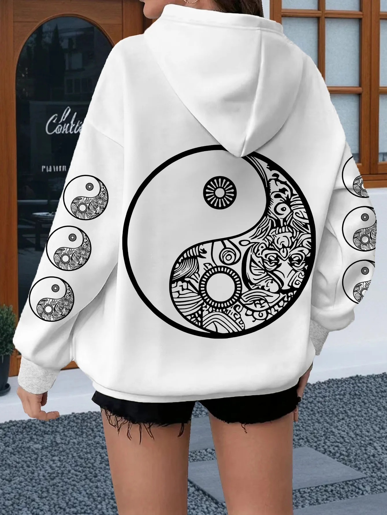 Women Loose Hooded Sweatshirt Ornate Yin Yang Mandala Pattern Graphic Print Long Sleeve Casual Daily Street Pullover Tops