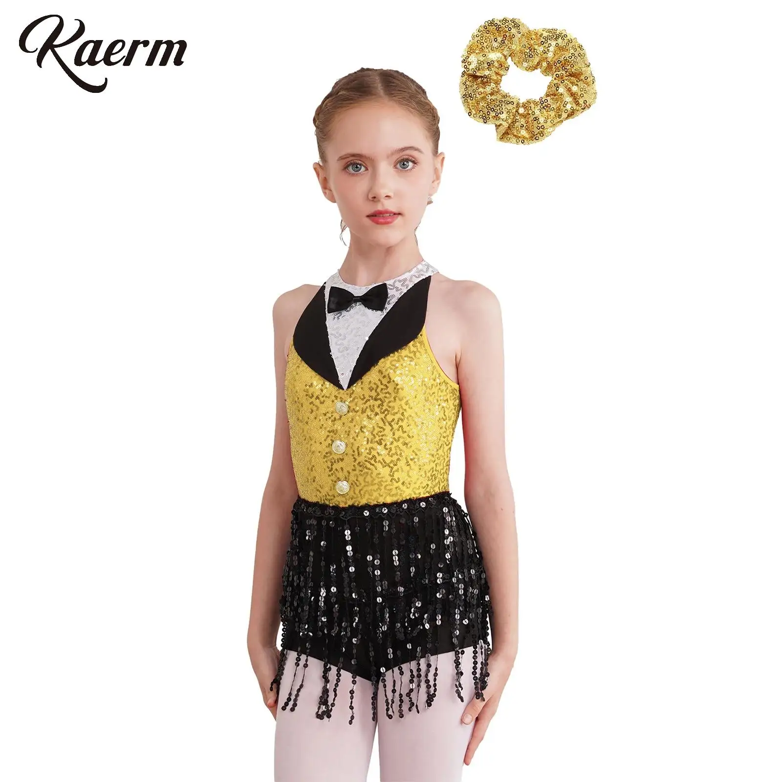 

Kids Girls Jazz Stage Performance Costume Sequin Tassel Leotard Dance Wear Keyhole Back with Sequin Hair Tie Dancing Clothing