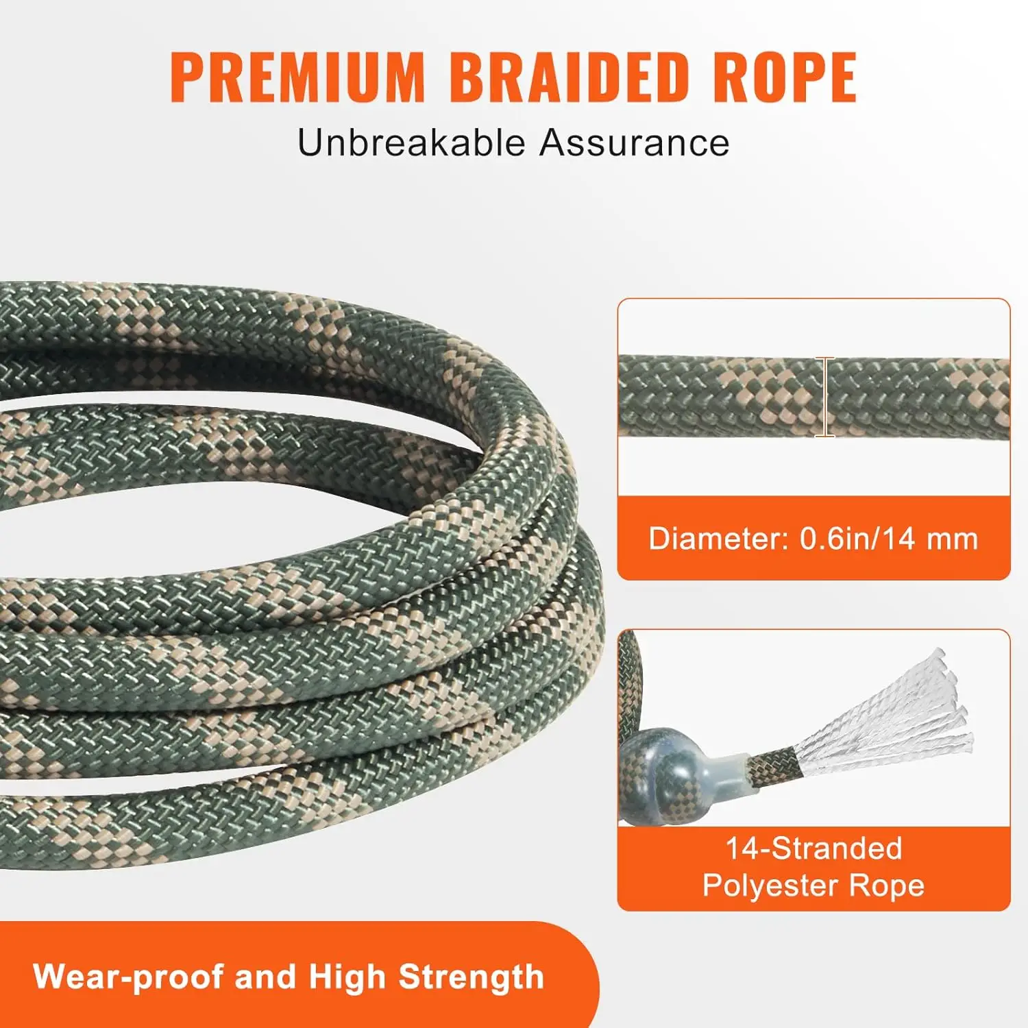 Tree Stand Safety Rope, 9 ft/27.43M Treestand Lifeline Rope 30KN Breaking Tension, 0.6'' Hunting Safety Line with Prusik Knot