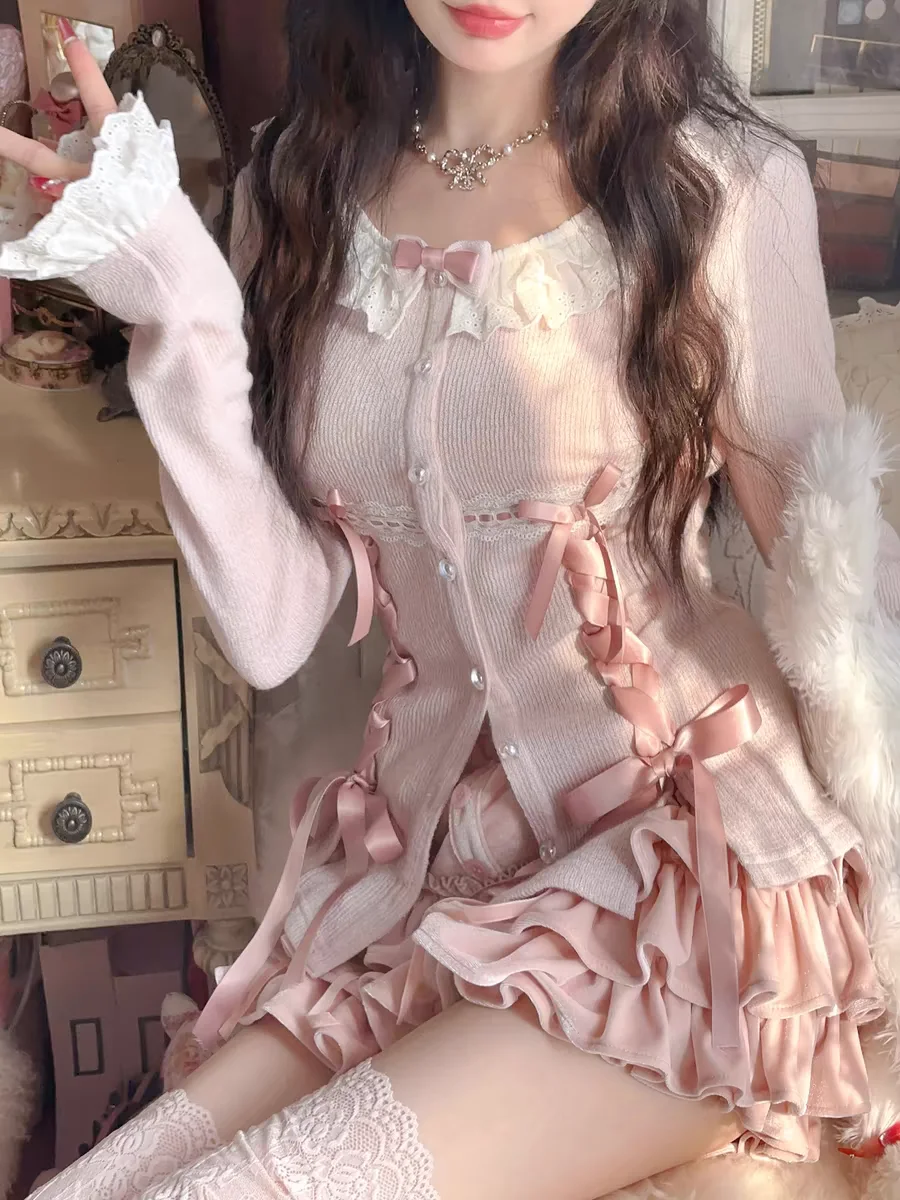 

Princess sweet lolita cardigan bobon21 Bow tie lace knit cardigan cute blouse T2314