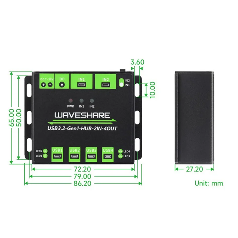 

Waveshare Industrial 4-Way USB3.2 Gen 1 Hub 2IN-4OUT Dual Host Shared Random Switching Multiple Protection Circuit 5Gbps