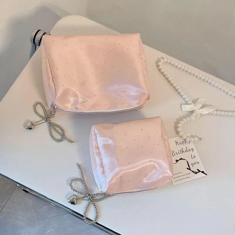 Fashion Rhinestone Small Makeup Bag Beaded Bowknot Multi-purpose Cosmetic Bag Storage Bag Travel