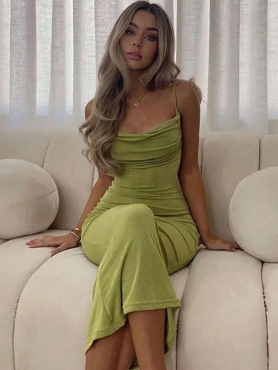 

Elegant Sexy Fitted Slip Dress With Open Back And Ruched Detail