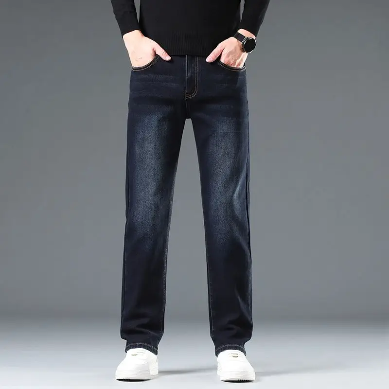 Men's Business Straight Leg Jeans Full Length Casual Denim Trousers Stretch Elastic Fabric Black color Fit Pant Plus Size 29-46
