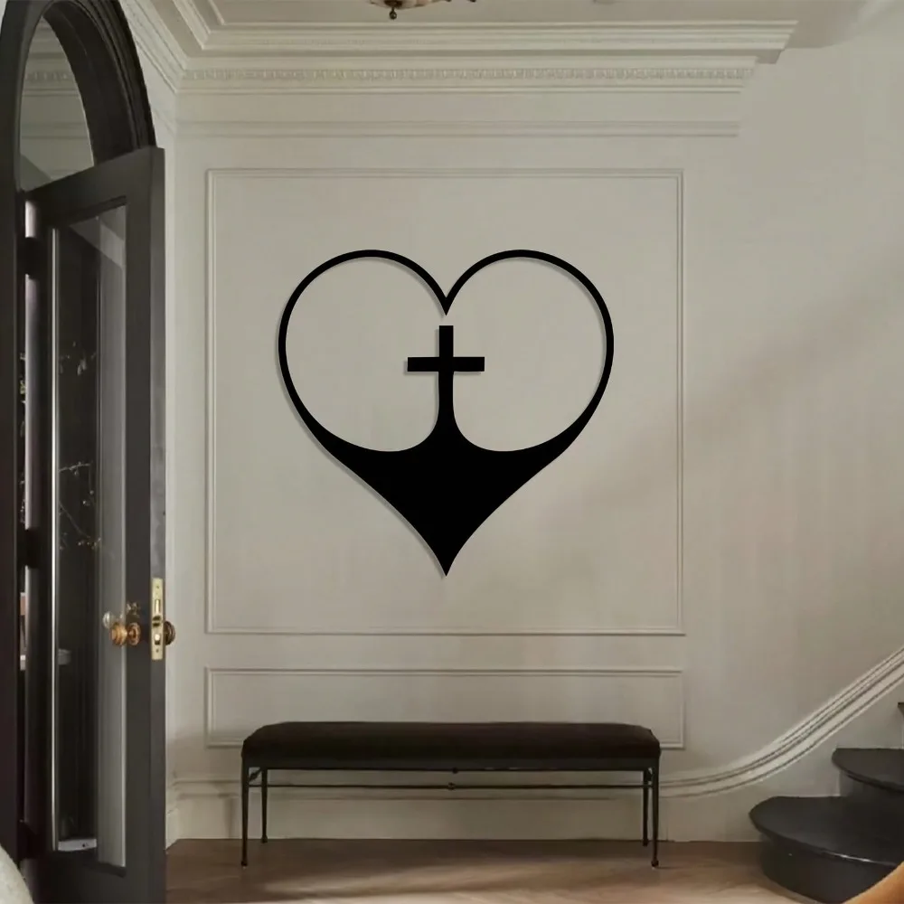 Brand Metal Wall Art Iron Heart Cross Sculpture Faith Decor Religious Home Living Room Bedroom 2D Black Hanging Gift