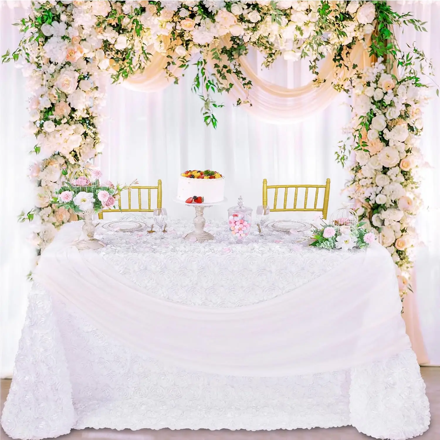 

Rosette Tablecloth 90x132 Inches Satin Raised Rosettes White Rectangle 3D Floral Tablecloth for Baby Shower Wedding Party Event