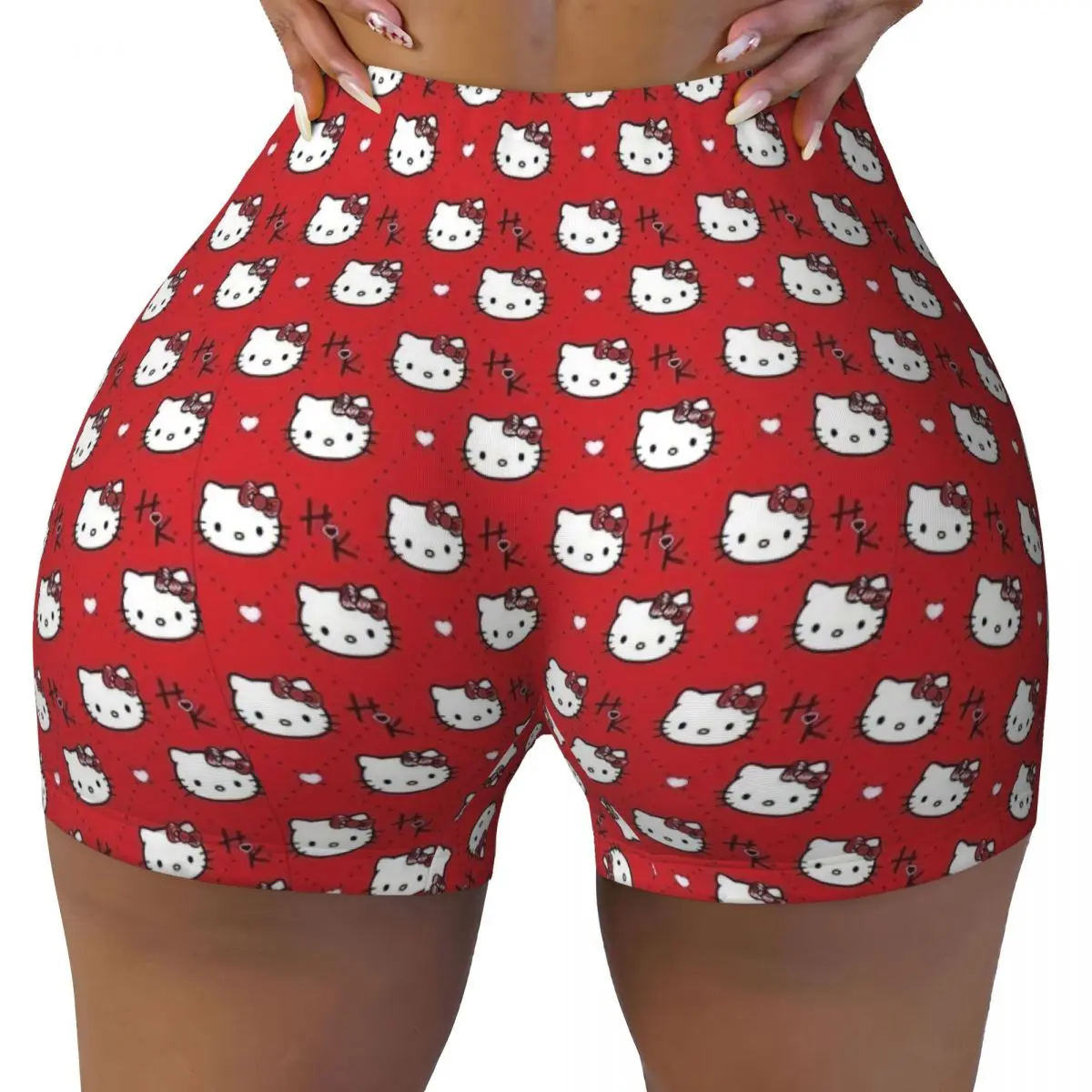 Women Gym Running Biker Yoga Shorts Red Hello Kitty Honey Peach Hip Shorts Cute Cartoon Gym Biker Running Pants