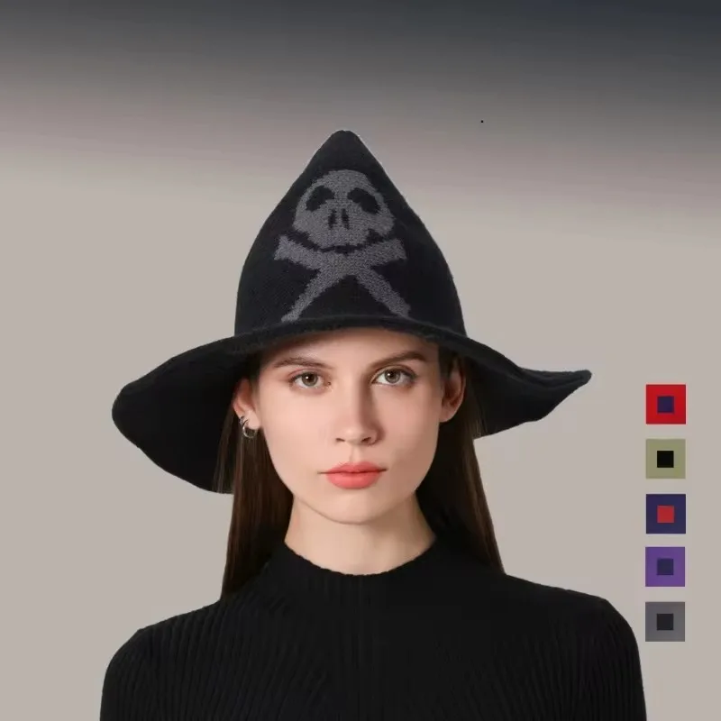 New Skull Witch Hat Vintage Women's Party Halloween Easter Wool Knit Mask Witch Hat Decoration Cosplay Performance Props view 3