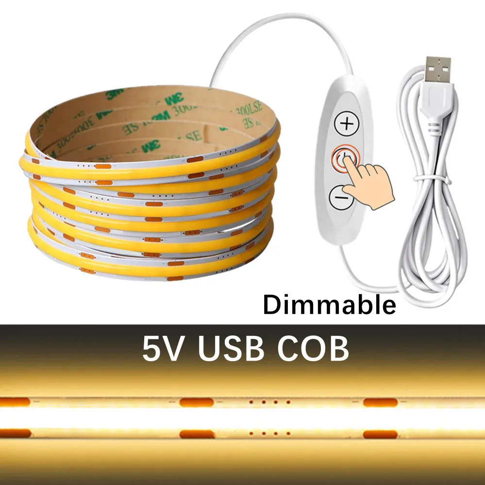 USB DC5V COB LED Strip 320LEDs/m Dimmable Switch 8MM PCB Flexible Self Adhesive Tape TV Background Decor Night Light 1-5m