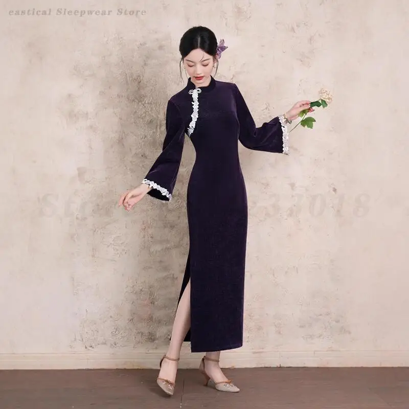 أنيقة الكلاسيكية الإناث طويلة تشيباو مثير سليم سبليت شيونغسام خمر الدانتيل اليوسفي طوق فستان صيني تقليدي Vestidos