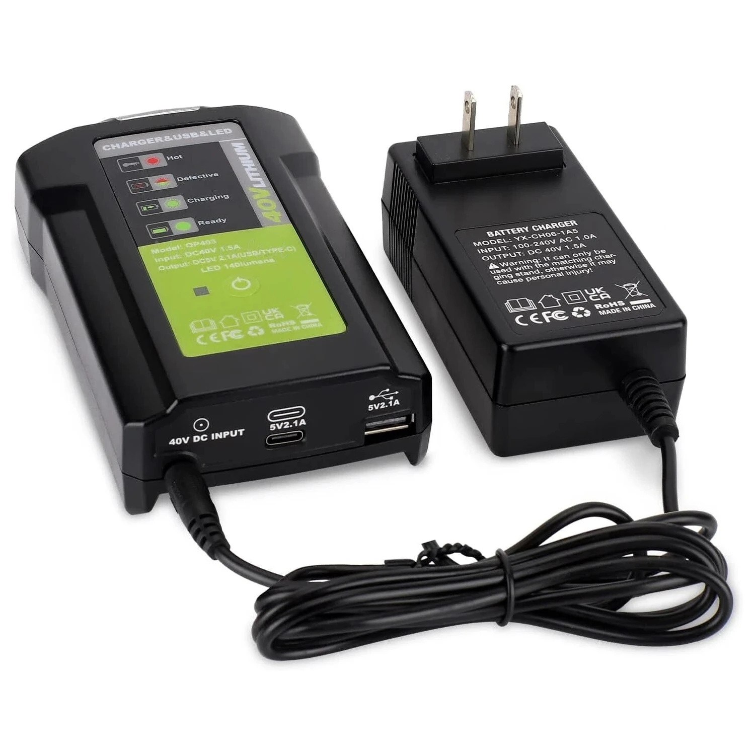 40V Charger for Ryobi Lithium Battery Dual USB and Type-C 2.1A Fast Charge with 140lm LED Light Charging Indicator for OP40201