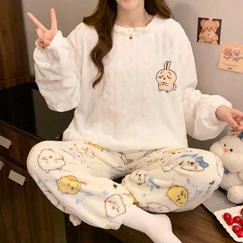 حار Kawaii Usagi Chiikawa النساء ملابس خاصة أنيمي الكرتون منامة السراويل الحبيب فتاة Homewear طالب الشتاء الدافئة ملابس خاصة