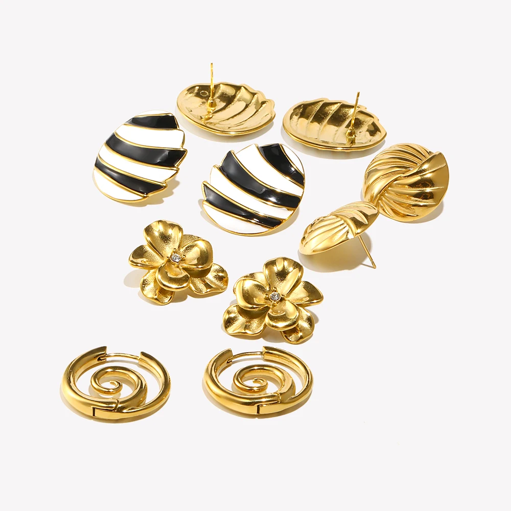 E.B.belle Spiral Conch Scallop White Braided Striped Circular Hollow Rhombus Splicing Sail Shaped Enamel Flower Earrings