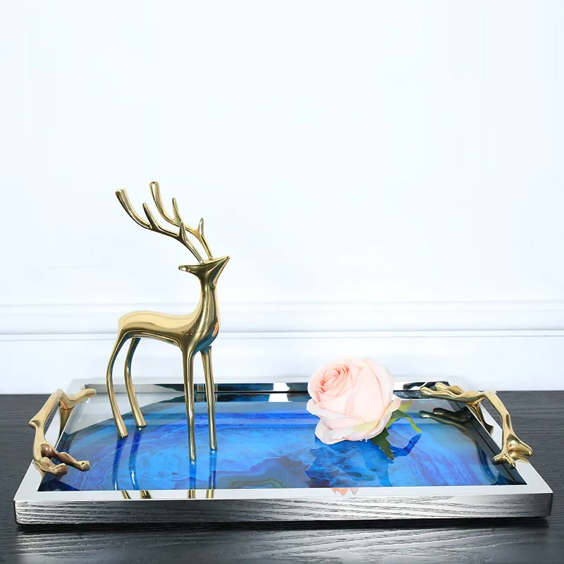 European Style Blue Agate Stone Pattern Metal Tray Round Rectangular Cosmetic Accessories Storage Show Plate Decoration