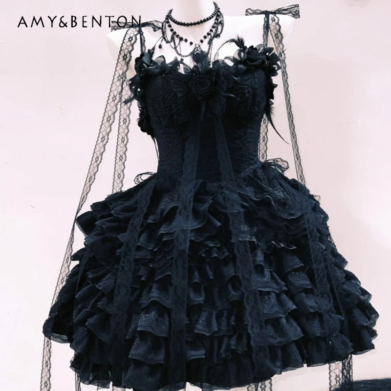 

Original Design Gothic Dark Lace Sling Women's Dress 2025 Autumn New Sweet Cool Hot Girl Sexy Lolita Princess Dresses Ladies