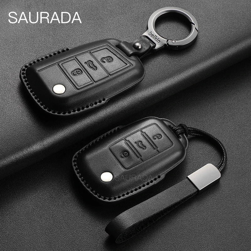 Funda de cuero genuino para llave de coche, Fob para VW, Volkswagen, Sharan, Passat, Caddy, Touran, Tiguan, Golf 4, 5, MK6, MK8, Polo, Teramont, Atlas, t-roc