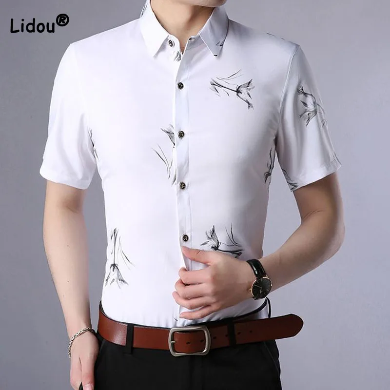 Trend Fashion Printed Single-breasted Men's Shirt Summer Korean Casual Comfortable Short Sleeve Polo-Neck Shirt Male Clothes