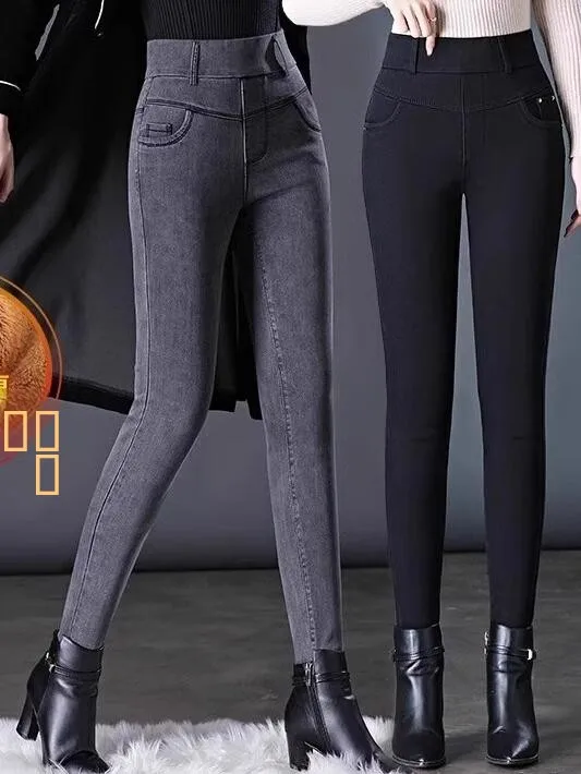 

Женские утепленные джинсы с высокой талией на флисовой подкладке, облегающие, для весны и осени, теплые хлопковые брюки, обтягивающие