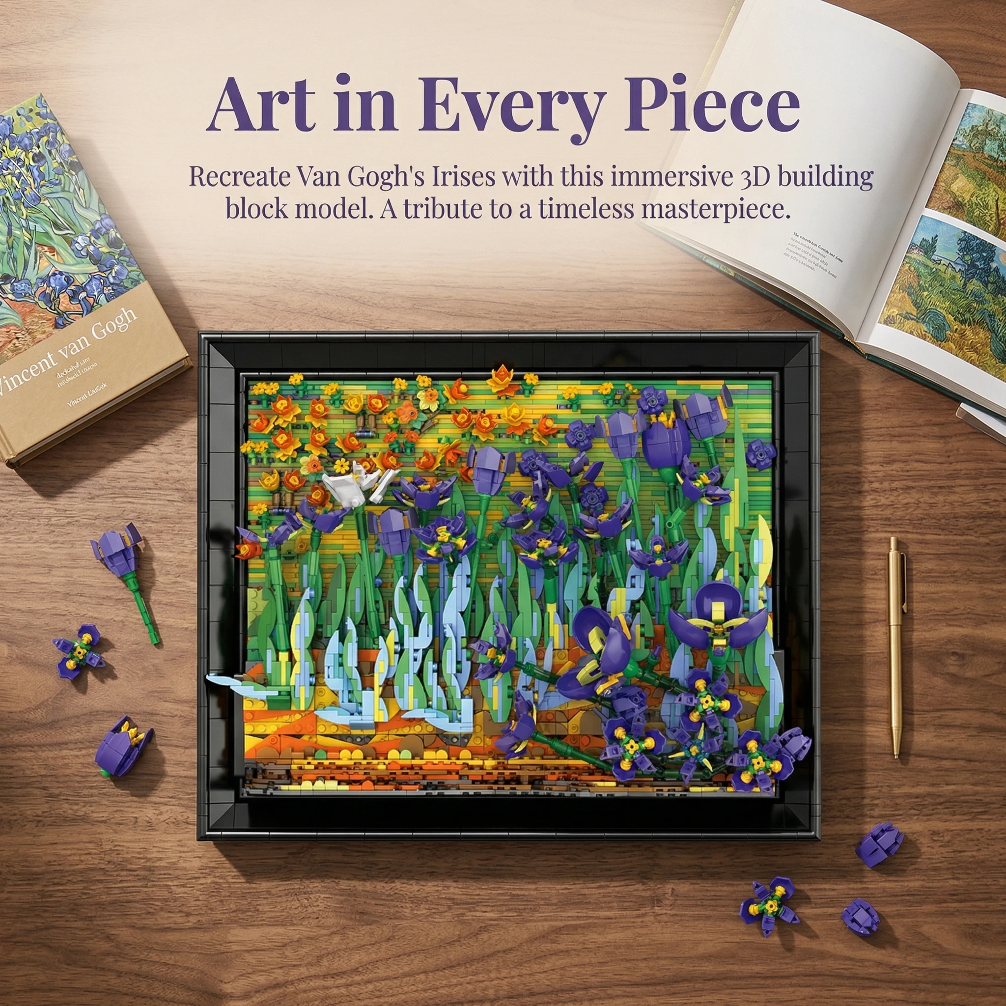 3480 pièces Blocs de construction Fleur d'iris Modèle de bouquet de fleurs 3D stéréoscopique Décoration murale pour la maison Idée cadeau pour adulte Jouet puzzle