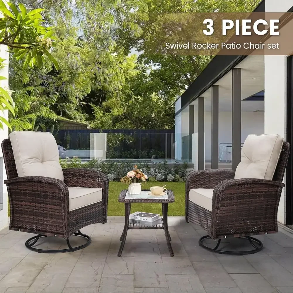 Elegant Outdoor Swivel Wicker Patio Chair Set with Table, Plush Washable Cushions, Perfect for Porch, Balcony, Deck, Brown and B