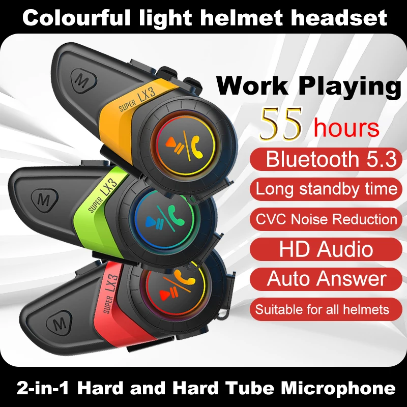 LX3 Helmet Bluetooth Headset 1200MAH Motorcycle BT5.0 Wireless Hands-Free Call Stereo Anti-Jamming Waterproof Light Headset