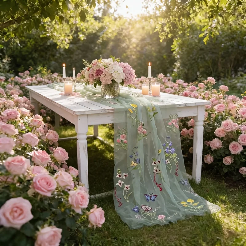 1pc 75x180cm Table Runner, Embroidered Sage Green Tulle with Butterfly Flower Design, Ideal for Weddings Spring/Summer Parties