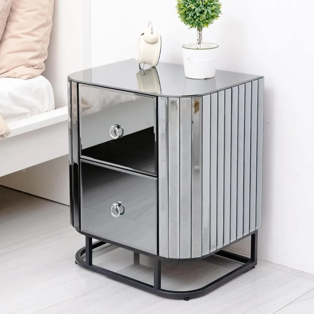 Mirrored Nightstand, Modern Glass End Table Bedside Table Chest with 2 Drawers Bedside Cupboard with Metal Frame Fully Assembled