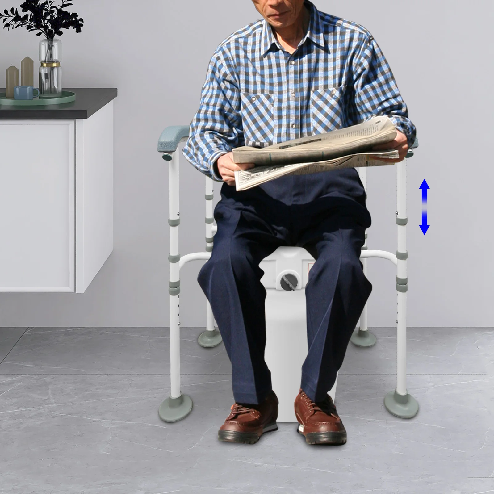 

299.83 Lbs Floor Mounted Raised Toilet Seat White&Gray Adjustable Elevated Toilet Seat with 4 Suction Cups
