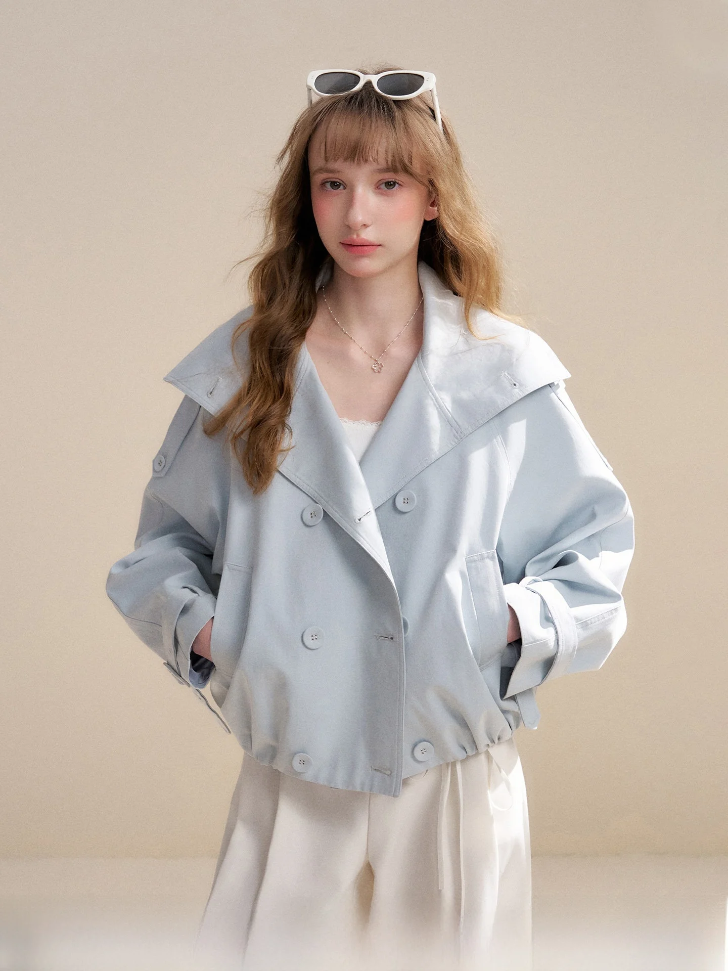 

Loose Fit Short Length Double Breasted Cotton Windbreaker Jacket by Kroche Casual Large Collar Outerwear for Women