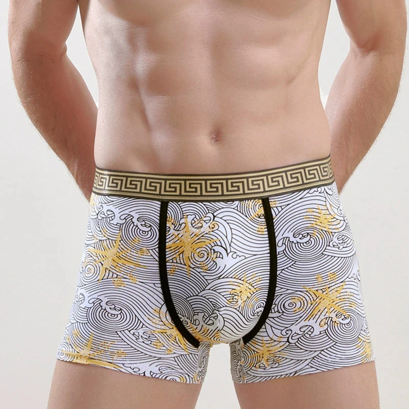 Cotton men's underwear with printed flat corner pants trendy four corner pants, sweat absorbing and breathable waistband style