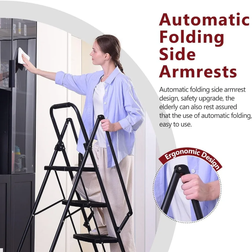Folding 4-Step Steel Ladder with Handrails, Wide Pedals, 500lbs Capacity for Household Use, Durable and Sturdy Step Stool